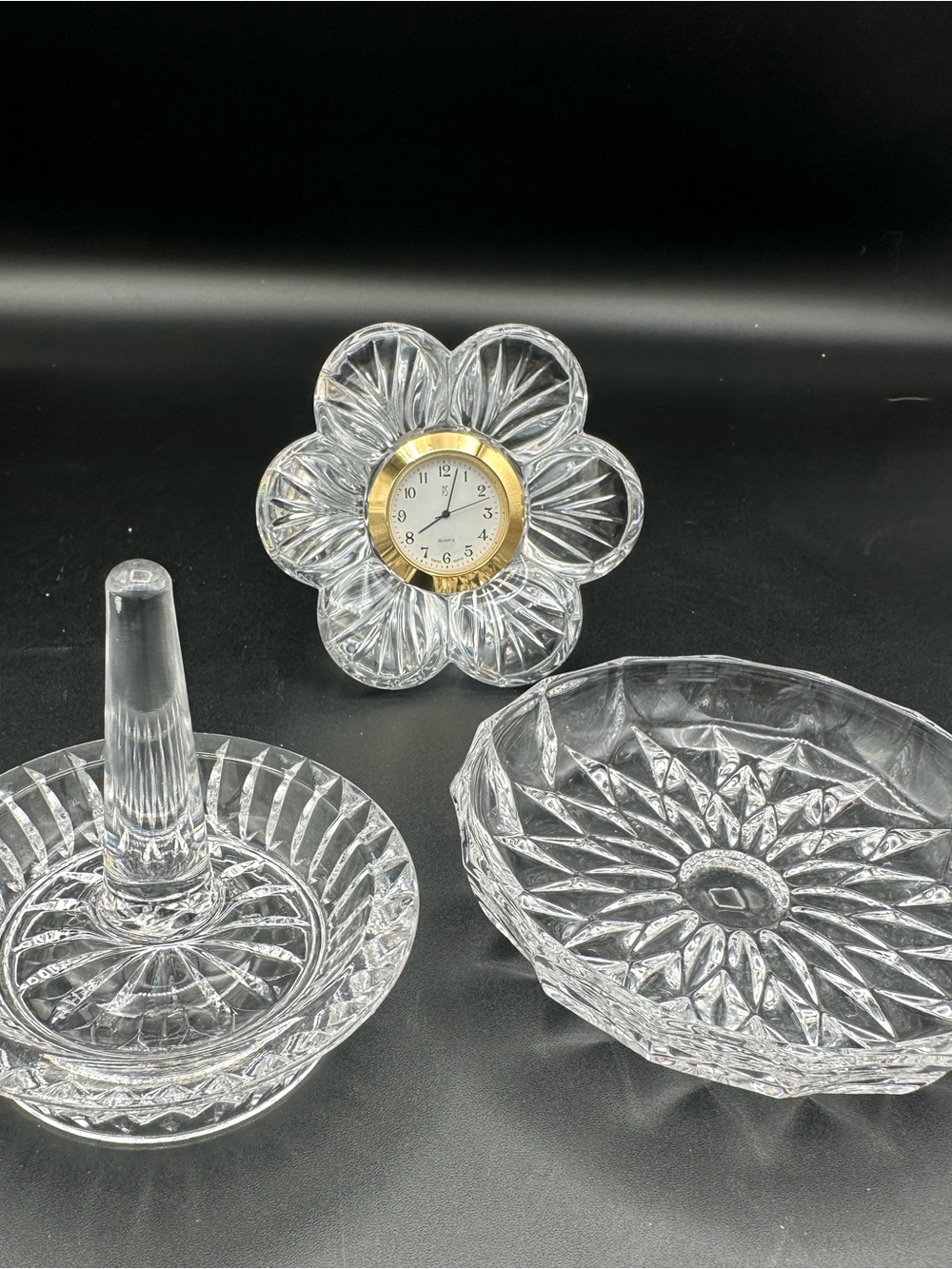 Vintage Crystal Vanity Flower Clock & Matching Waterford Ring & Jewelry holders